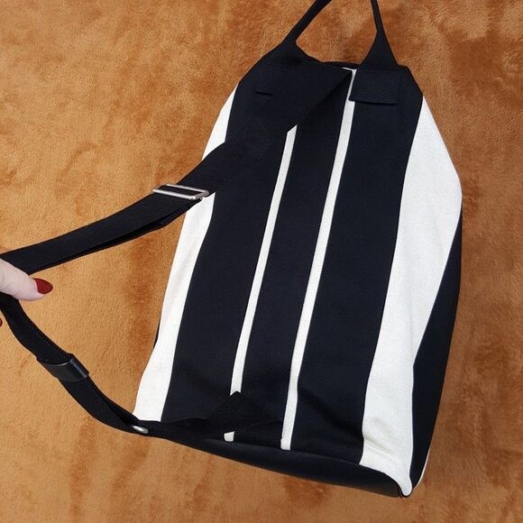 SAINT LAURENT Rive Gauche Sling Backpack Black White Striped Canvas Drawstring - Picture 10 of 16